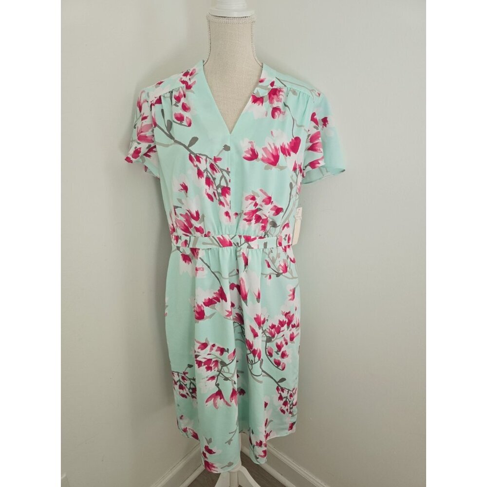 Alex Marie Elise Mint Green Pink Floral Flutter Sleeves V-Neck Dress 12 Large L